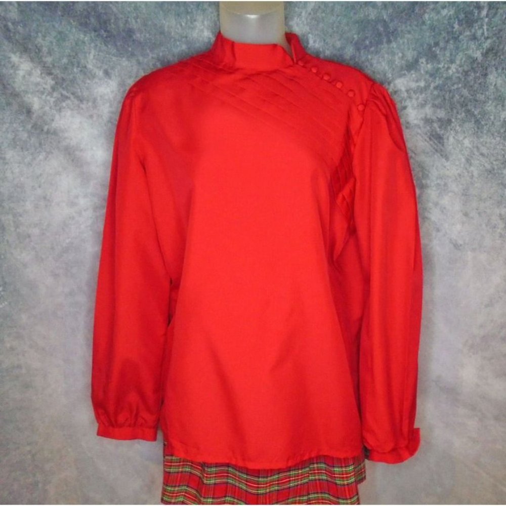 Plus Size Vintage Red Blouse, 70s Long Sleeve Top With Tie Belt VFG - Picture 5 of 8
